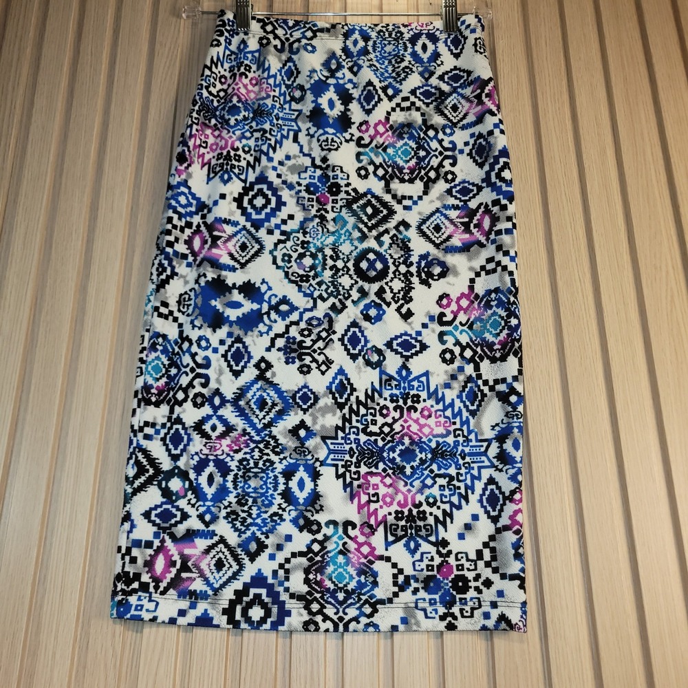 Snap Women Geometric Tribal Print Pencil Skirt Blue Purple Midi Stretch Medium